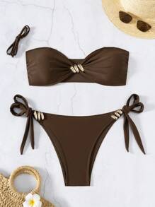Swim SXY Summer Women's Solid Color Sexy Metal Strap Side-Tie Bikini Set - Coffee Brown - View 7