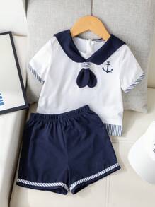 2pcs/Set Baby Boy Colorblock Sailor Collar Short Sleeve Top And Elastic Waist Shorts Set