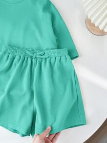 SHEIN LMoss Kids LMoss Tween 女童纯色针织圆领宽松短袖 T 恤和短裤休闲装 - 薄荷藍 - 查看 9