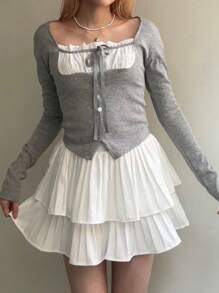 DAZY Women Contrast Color Patchwork 2 In 1 Wrap Short Long Sleeve T-Shirt, Grey, Spring/Summer/Autumn - Grey - View 4