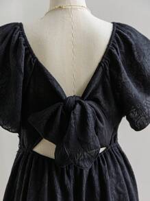 Soleia White Knitted Jacquard Waist Lace Trim Backless Tie Up Plus Size Women Vacation Dress - Black - View 5