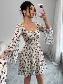 Elenzga New Women Flare Sleeve Fitted Short Knitted Mesh Print Dress With Back Tie, Vacation Festival Western Style Casual Elegant Slim Fit Young Lady Dress Fall Cloth For Women - Multicolor - View 4