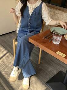 FRIFUL Quần yếm denim & quần liền thân cho nữ, ống đứng, màu xanh đã giặt, mùa xuân - Rửa trung bình - Xem 3