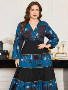 Modelyn 大码 V 领扎染拼接优雅 A 字长裙 - 彩色 - 查看 3