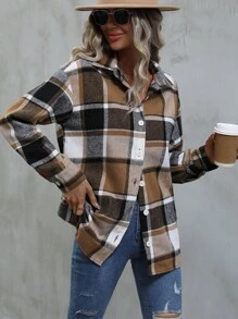 SHEIN LUNE Camisa de manga larga con cuello a cuadros en color caqui, casual y para uso diario