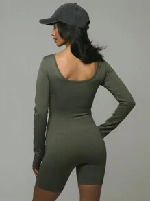 Musera Sport Under Bust Seam Detail Long Sleeve Fitted Playsuit ,Padel, Tennis, Pickleball Gym Fitness - Army Green - View 3