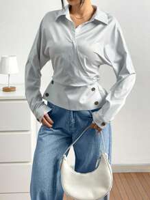 SHEIN LUNE 女士优雅休闲长袖衬衫，垂肩，斜襟，纽扣领，袖口拼接，侧边下摆纽扣 - 彩色 - 查看 5