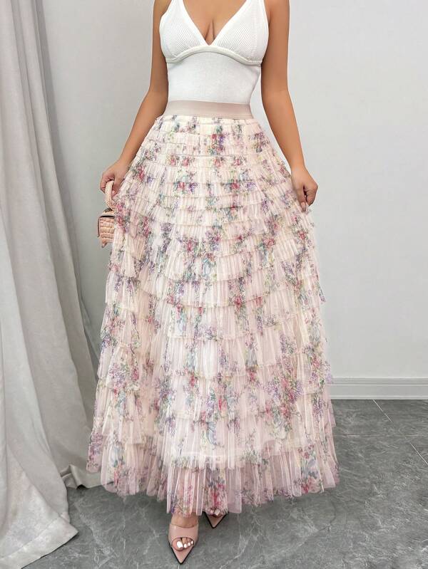 DreamSkyne Falda estampada con gradiente de ruches y volantes, talla grande, para San Valentín