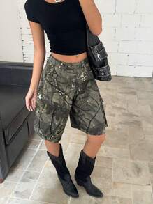 SHEIN EZwear Women's Loose Fit Denim Shorts, Wide Leg Cargo Cropped Trousers - Multicolor - View 4