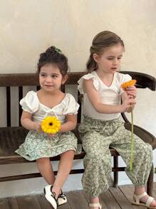 SHEIN LMoss Kids 女婴 LMoss 夏季可爱针织上衣和碎花迷你裙 2 件套 - 白色 - 查看 4