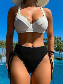 Summer 2pcs/Set Women's Black & White Contrast Textured Cross Back Tie Bikini With Drawstring Side - Black and White - View 6