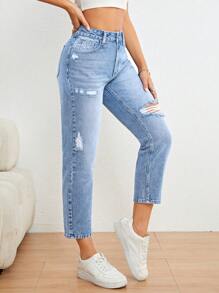 SHEIN Essnce Casual Washed Distressed Tapered Leg Jeans