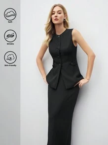BizChic 2 件套黑色西装背心和迷你裙套装，女士商务正装，适合通勤、派对、约会、春夏情人节 - 黑色 - 查看 2