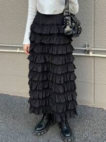 FRIFUL Women's Black Cake Skirt, Long Skirt, Sweet Style For Spring And Summer,Ruffle - Black - View 4