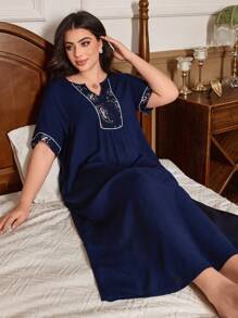 SHEIN Váy midi dài tay họa tiết Paisley chắp vá tối giản cổ chữ V mềm mại, dáng rộng cho nữ cỡ lớn, Moo Moo - Màu xanh hải quân - Xem 5