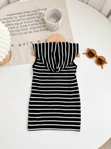 SHEIN 女童可爱夏季针织条纹卡通图案连衣裙 - 彩色 - 查看 2