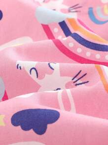 SHEIN 2pcs Baby Girl Cartoon Rabbit Print Round Neck Ruffle Trim Long Sleeve Shirt And Elastic Waist Ankle Banded Pants Pajamas Set - Pink - View 3