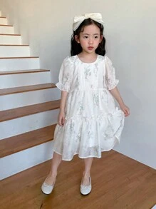 DAZY Young Girl Girls Ditsy Floral Princess Style Short Sleeve Casual Dress For Summer - Beige - View 1