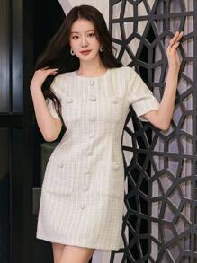 DAZY 粗花呢圆领纽扣装饰女式迷你连衣裙 - 米色 - 查看 1