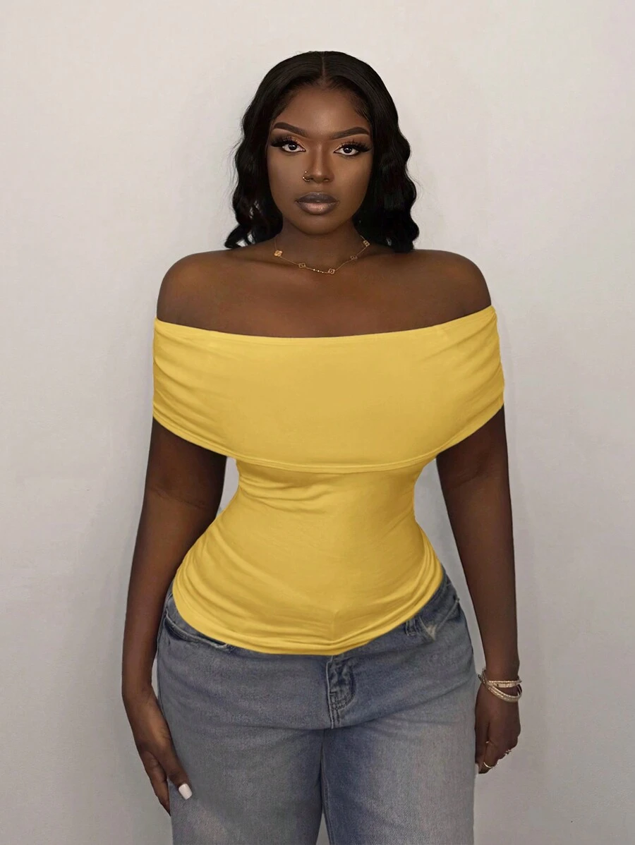 Slaydiva Nouvelle blouse ajustée à col rabattu et épaules dénudées, pour l'été - Jaune citron - Voir 1
