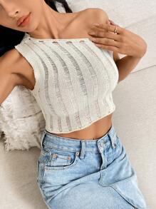 SHEIN Unity Fashion Casual Versatile Apricot Tie Strap Hollow Out Fitted Knit Sweater Top For Women, Spring - Apricot - View 6