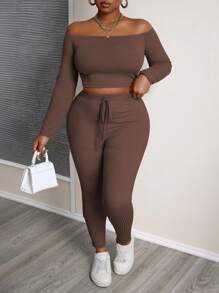 Slaydiva Plus Size Solid Color Ribbed Off Shoulder Crop Top And Fitted Leggings 2 Pieces Set For Casual & Sports Wear, Spring And Autumn - Brown - View 5