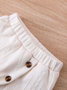 3pcs/Set Baby Girls Cute Off-White Textured Button&Ruffle Trim Round Neck Short Sleeve Top,Shorts&Diagonal Sling Bag Outfit,Summer Family Matching - Apricot - View 5