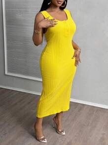 Slaydiva 2025 New Style  Butter Yellow All-Match Casual Sexy Minimalist Western Style Open Front Crisscross Racerback Dress, Suitable For Spring & Summer, Plus Size Women Western Wear