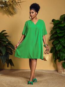 Slaydiva 新款复活节/西部优雅休闲/商务休闲女式短袖雪纺V领宽松荷叶袖连衣裙 - 綠色 - 查看 7