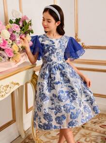 Vestido elegante de fiesta con diseño de parche de jacquard y volantes en el ruedo para niñas preadolescentes - Azul - Ver 4