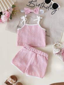 SHEIN Playful Pals Ensemble décontracté Top et shorts pour bébé fille, couleur unie avec nœud décoratif