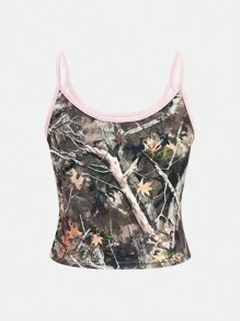 SHEIN Tween Girls Fall/Winter Back To School Fashionable And Versatile Vintage Tree Branch Camouflage Print Y2K Slim Fit Patchwork Color Block Camisole Tank Top - Multicolor - View 2
