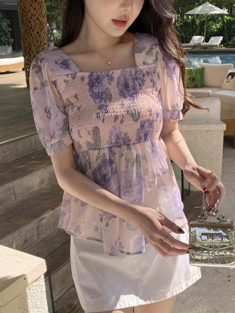 Floral Print Square Collar Puff Sleeve Women Blouse,Babydoll Top Boho