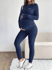 SHEIN 2pcs Maternity Set: Round Neck Long Sleeve Simple Blouse And Long Pants - Blue - View 7