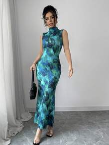 Elenzga Tie-Dye Flower Print Sleeveless Dress - Green - View 6