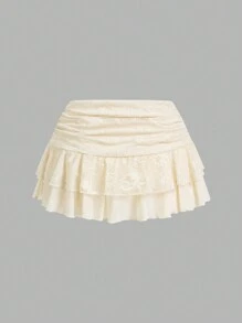 Sweetina Super Low Waist Lace & Mesh Double-Layer Ruffle Tie Up Mini Skirt - Apricot - View 2