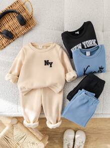 SHEIN Leap Crew 6 件套男婴和女婴休闲字母印花图案连帽衫运动衫 + 宽松裤，6 件套服装适合日常休闲、运动、秋冬 - 卡其色 - 查看 6