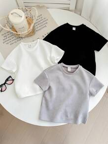 SHEIN Set di 3 pezzi di abbigliamento estivo per bambini, maglietta manica corta in felpa morbida con girocollo e stile coreano casual, colore tinta unita, multifunzione ad alto rapporto qualità-prezzo, adatto per giochi all'aperto, fotografia di strada, feste - Multicolore - Visualizzare 7
