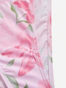 SHEIN MOD 2 件套露背上衣，正面有褶皱花卉印花，侧面系带三角裤，泳装套装，泳装套装，海滩度假装，适合夏季海滩度假