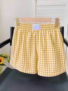 Comfortcana Shorts casuales de mujer con cuadros tejidos amarillos, de estilo minimalista, adecuados para uso diario - Amarillo - Ver 4