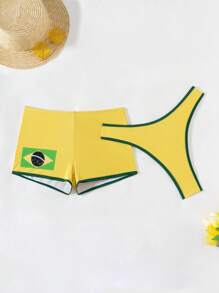 Swim SXY Summer 2pcs/Set Solid Color Thong Underwear And Printed Swim Trunks - Yellow - View 6