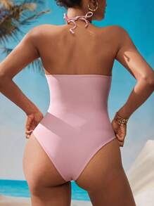 Swim Chiccia 1/2 Cup Bandeau Hollow-Out Elegant And Sexy One-Piece Swimsuit Summer - Pink - View 2