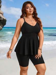 Swim Lushoire 大码女式 2 件纯色上衣搭配荷叶边裙子和交叉后背下装分体式泳衣套装适合夏季海滩度假