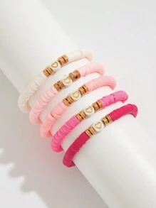 ROMWE Kawaii Set 5 Gelang Tanah Liat Polimer Merah Muda Sederhana Romantis, Hadiah Liburan untuk Keluarga dan Teman di Hari Valentine - MultiWarna - View 3