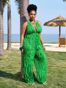 Slaydiva Plus Size Women's New 2025 Ruffled V-Neck Solid Color Green Wide Leg Jumpsuit, Casual Vacation Wear, Spring & Holiday, Island Outfit - Green - View 5