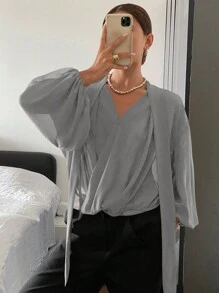 DAZY Solid Color Loose Long Sleeve Tied Chiffon Blouse, Women Spring/Summer Holiday Shirt,Fall Clothes
