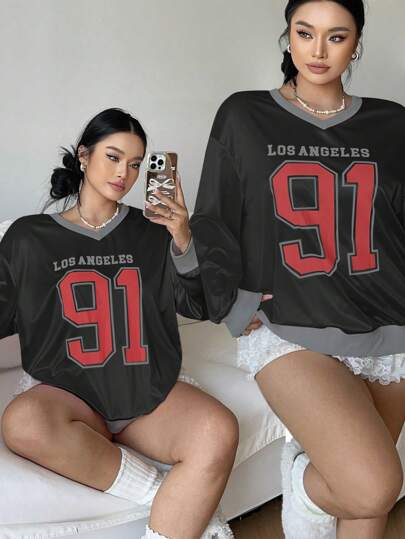 POPSWAY Plus Size Women Satin Contrast Color Numeric Print V-Neck Casual Sweatshirt, Autumn/Winter Pullover Fall