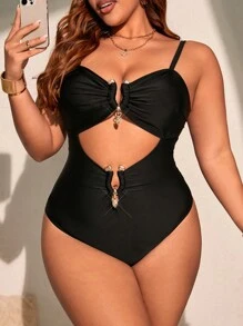 Swim Vcay Summer Plus Size Women Solid One-Piece Hollow Metal Buckle Adjustable Strap Swimsuit - Black - View 3