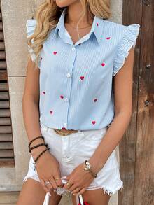 Breezaya 女式春夏优雅盖袖心形印花蓝白条纹面料盖袖衬衫 - 藍色 - 查看 4