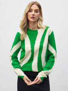 BizChic Green Jacquard Knitted Sweater Top, Office Lady Style, New Year Party, Valentine's Day Date , Spring/Summer - Green - View 5